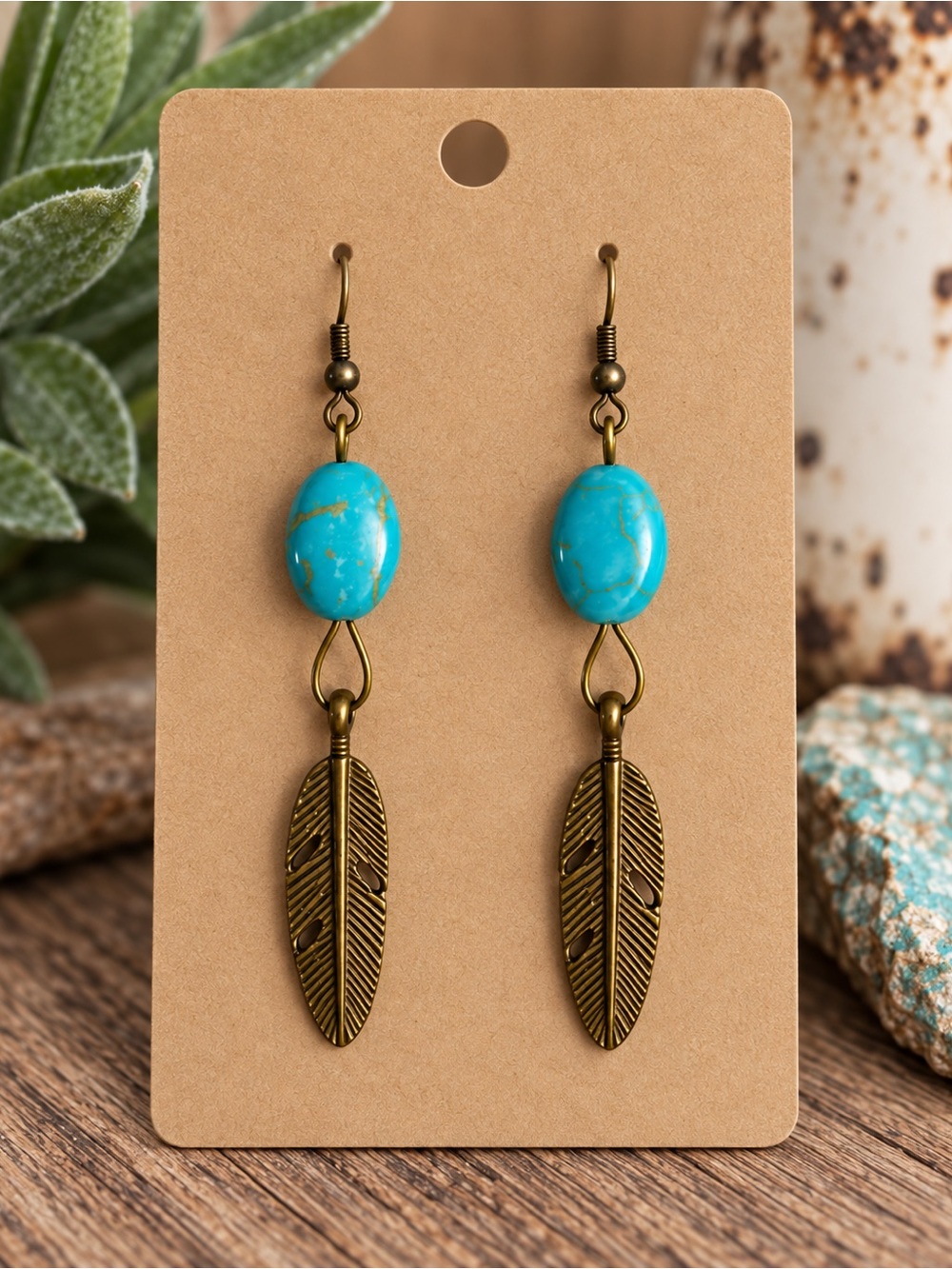 Handmade Turquoise Oval Bead Feather Earrings Boho Western